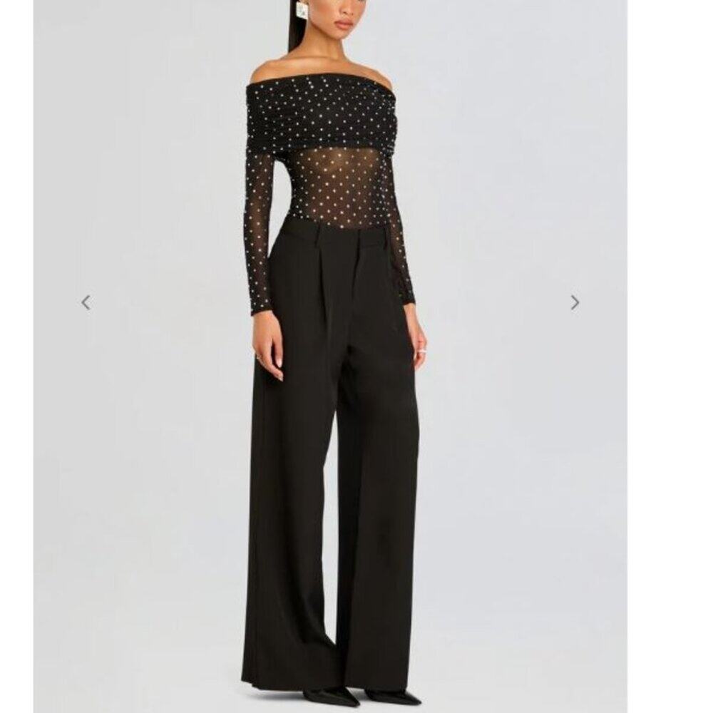 NEW  Retrofete Oriana Black Embellished Mesh Top Long Sleeve Sz L